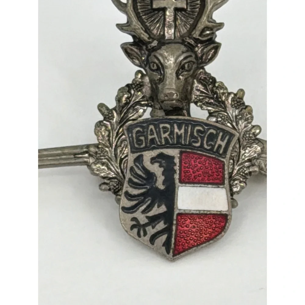 Vintage Garmisch Saint Hubertus‎ Stag Hat Pin Rifle Enamel Crest Alpine Brooch